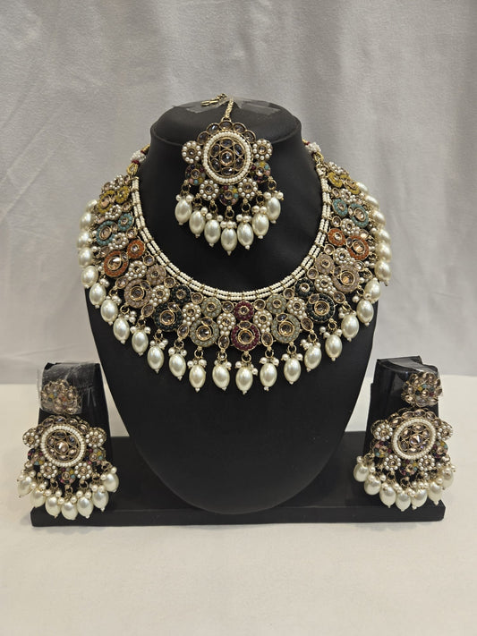 Gold & Multicolor Moti Stone Choker Set