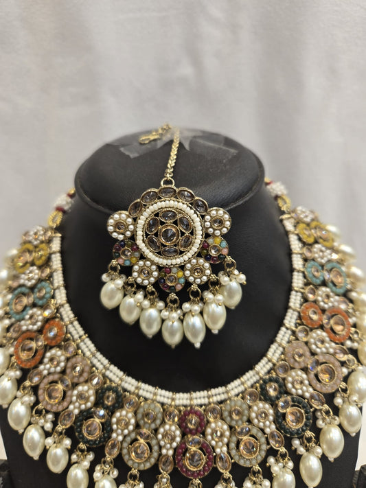 Gold & Multicolor Moti Stone Choker Set