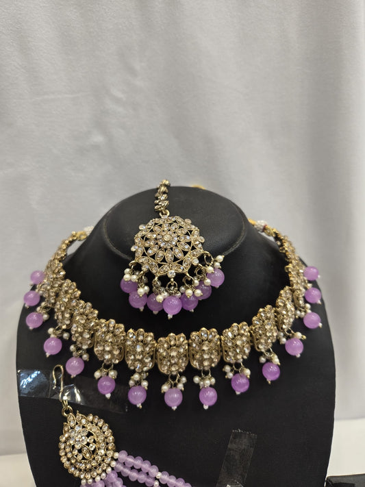 Gold with Lilac Kundan Choker Set